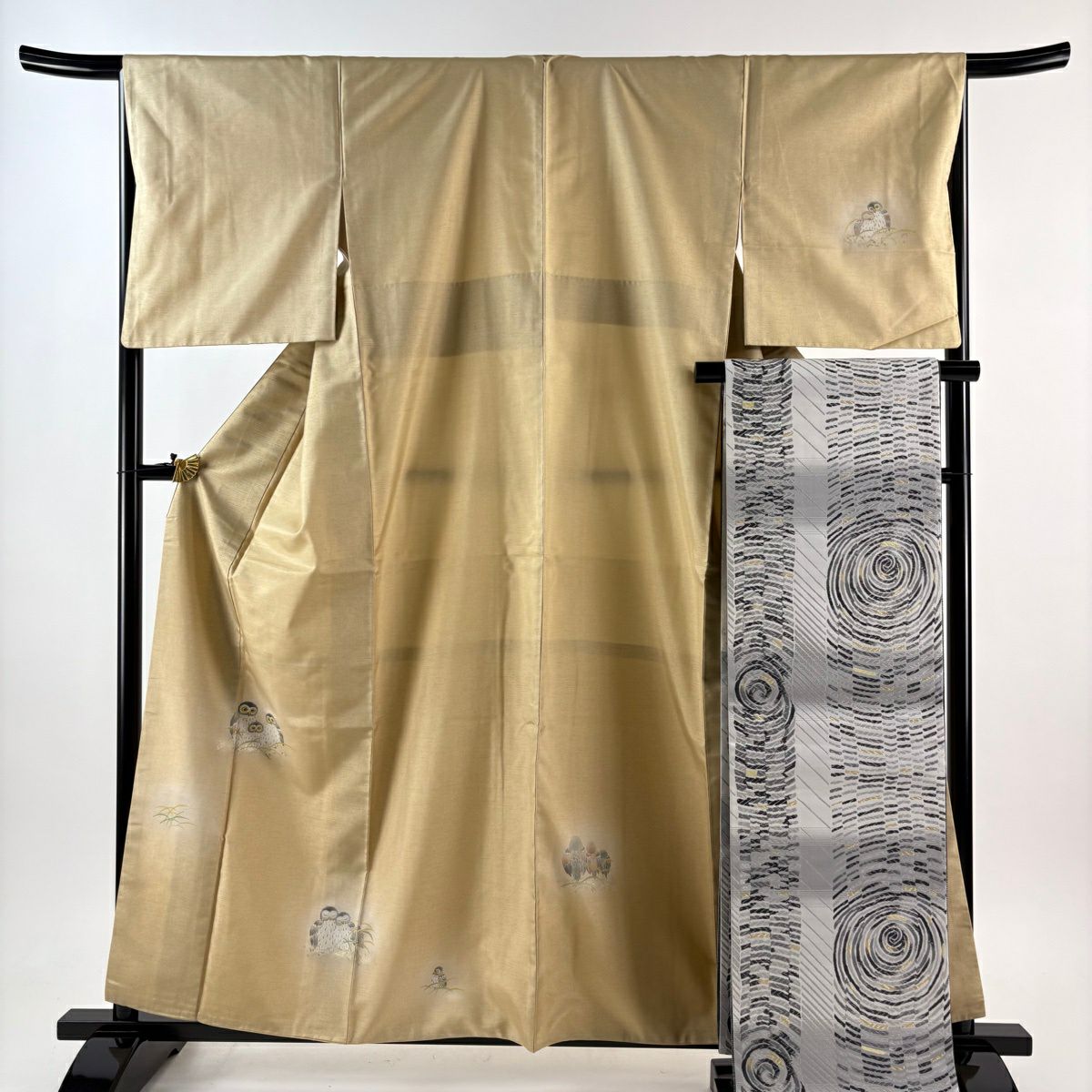 【美品】 付下 身長160cm 袖長66cm M 雙層 紬織織 袋帶套裝 落款有 狐狸 芝草 金銀彩 漸層 米色 純蠶絲 名品級