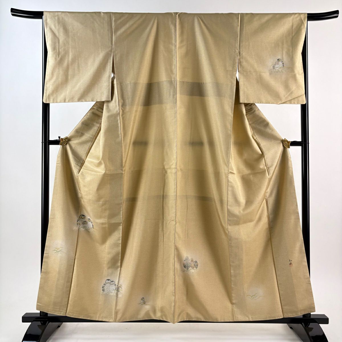 【美品】 付下 身長160cm 袖長66cm M 雙層 紬織織 袋帶套裝 落款有 狐狸 芝草 金銀彩 漸層 米色 純蠶絲 名品級