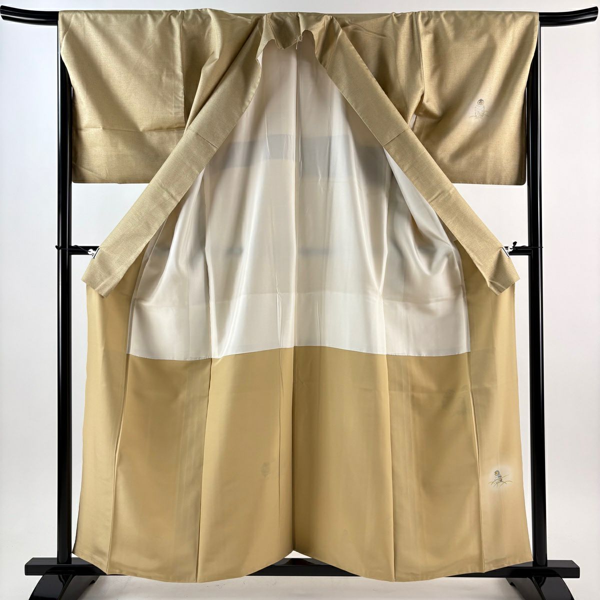 【美品】 付下 身長160cm 袖長66cm M 雙層 紬織織 袋帶套裝 落款有 狐狸 芝草 金銀彩 漸層 米色 純蠶絲 名品級