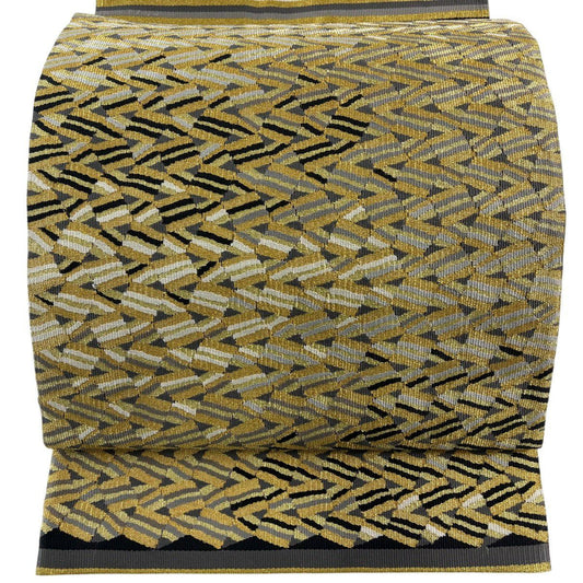 【美品】 袋帶 名品級 幾何學 金絲 灰 深藍色 お太鼓圖案 純蠶絲