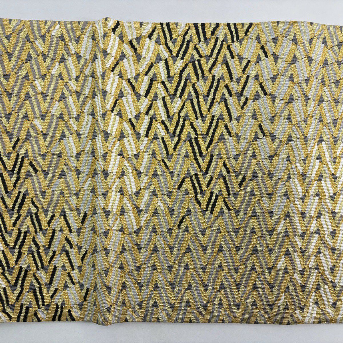 【美品】 袋帶 名品級 幾何學 金絲 灰 深藍色 お太鼓圖案 純蠶絲