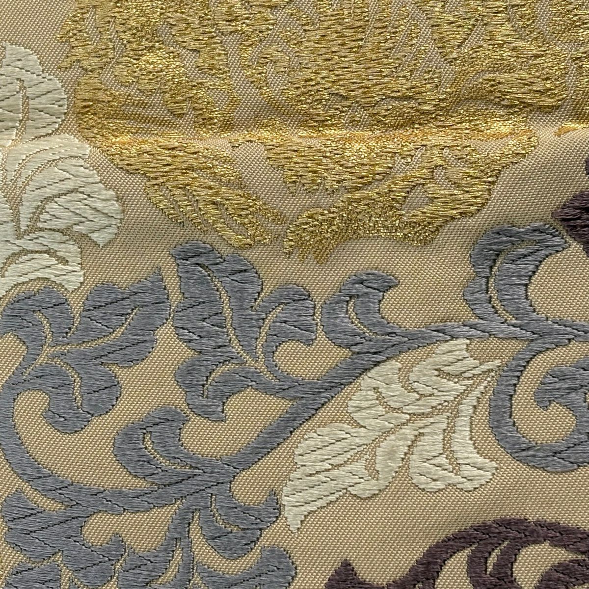 袋帶 名品級 華紋 花唐草紋 金金箔 米色 六通 純蠶絲