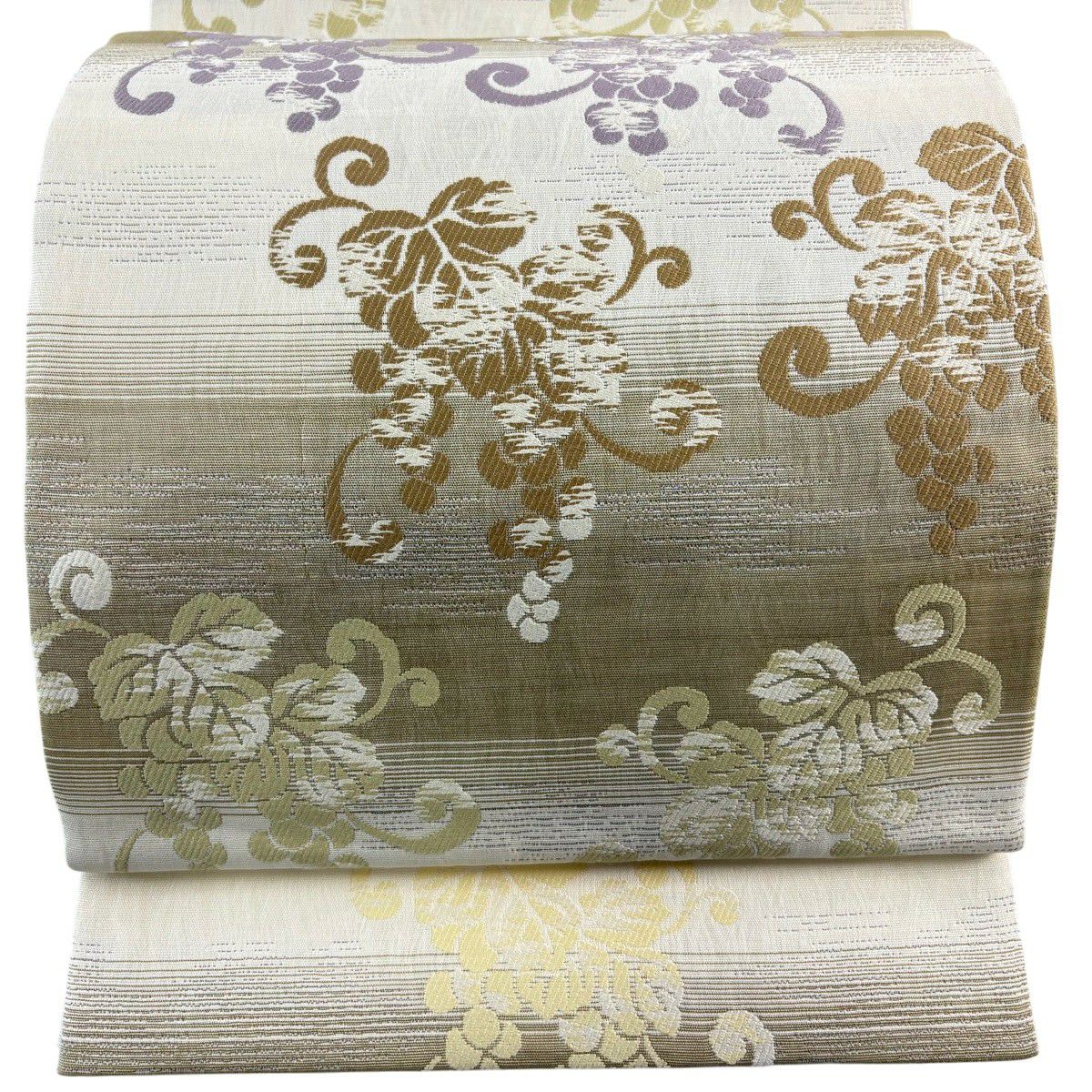 【美品】 袋帶 名品級 葡萄 米色 六通 純蠶絲