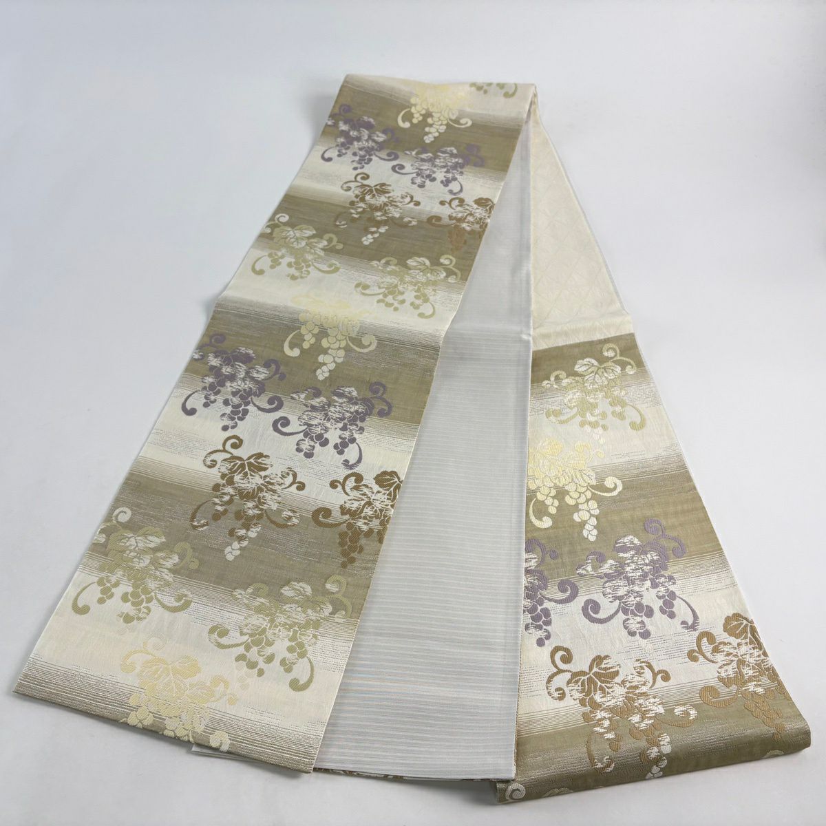 【美品】 袋帶 名品級 葡萄 米色 六通 純蠶絲