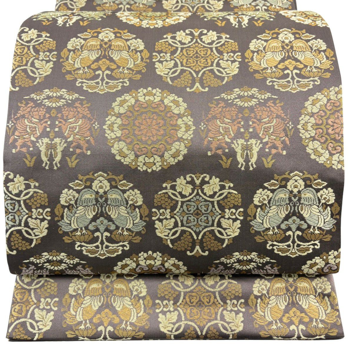 【美品】 袋帶 名品級 金金箔屋清兵衛 落款あり 動物 華紋 金金箔 茶紫 六通 純蠶絲