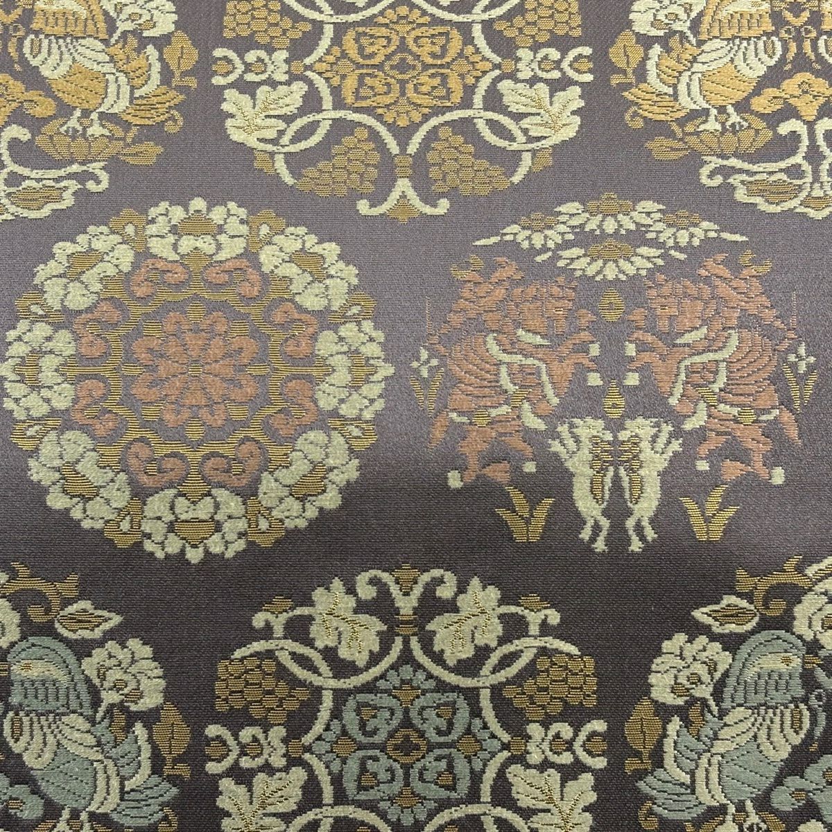 【美品】 袋帶 名品級 金金箔屋清兵衛 落款あり 動物 華紋 金金箔 茶紫 六通 純蠶絲