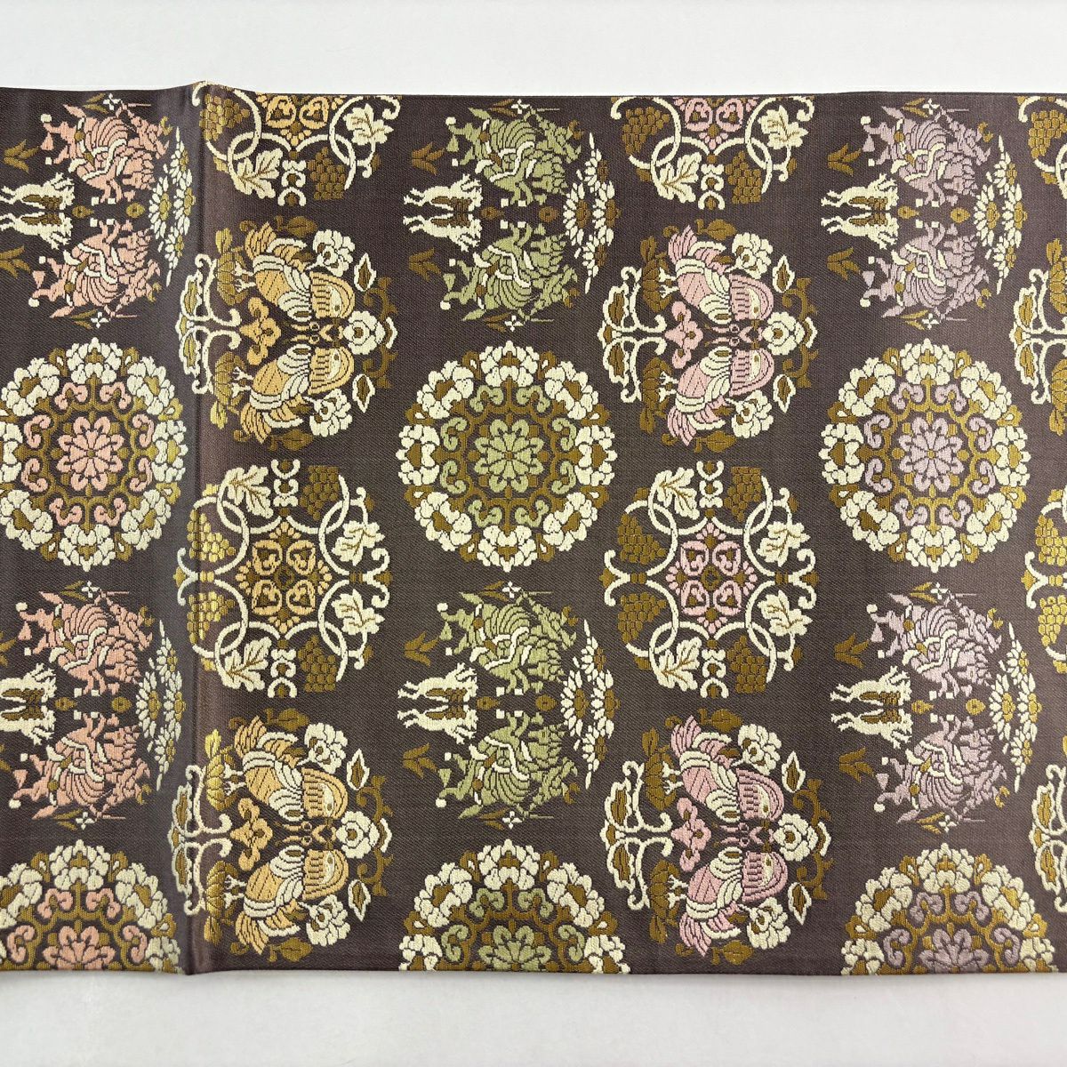 【美品】 袋帶 名品級 金金箔屋清兵衛 落款あり 動物 華紋 金金箔 茶紫 六通 純蠶絲