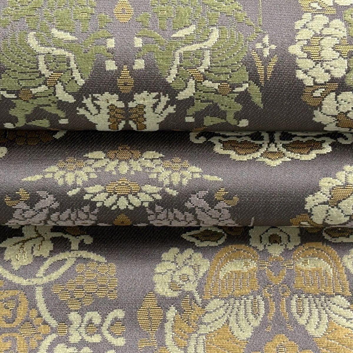 【美品】 袋帶 名品級 金金箔屋清兵衛 落款あり 動物 華紋 金金箔 茶紫 六通 純蠶絲