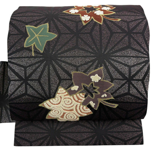 【美品】 名古屋帶 名品級 有落款 楓 麻葉 金絲 紫 純蠶絲