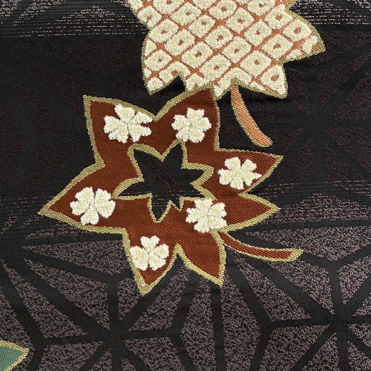 【美品】 名古屋帶 名品級 有落款 楓 麻葉 金絲 紫 純蠶絲