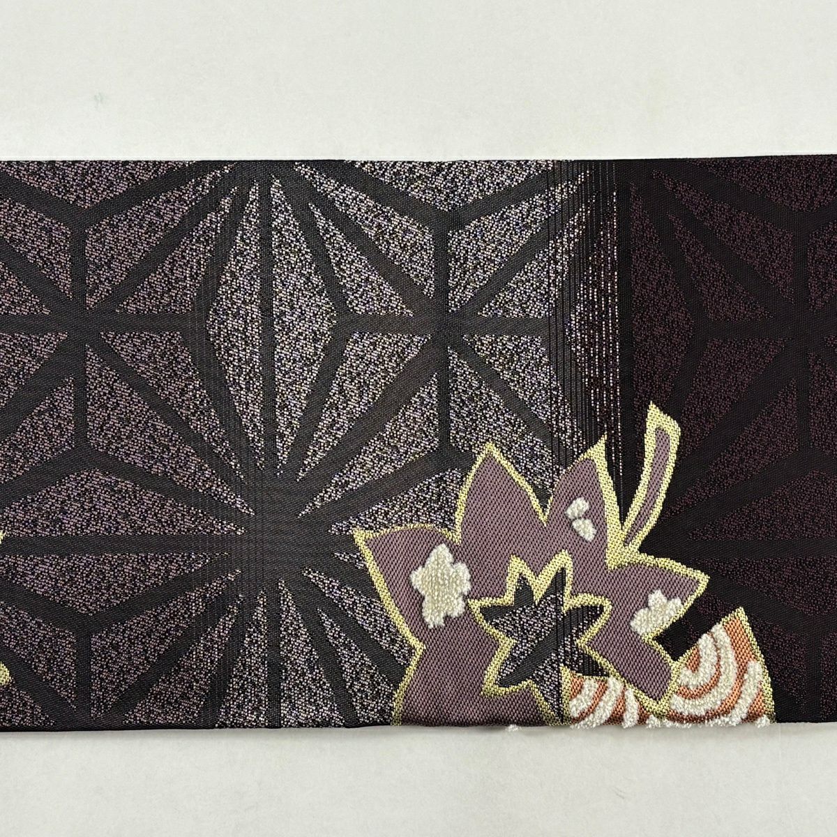 【美品】 名古屋帶 名品級 有落款 楓 麻葉 金絲 紫 純蠶絲