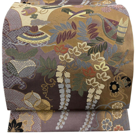 【美品】 袋帶 名品級 寶盡くし 草花紋紋 金金箔 紫 六通 純蠶絲
