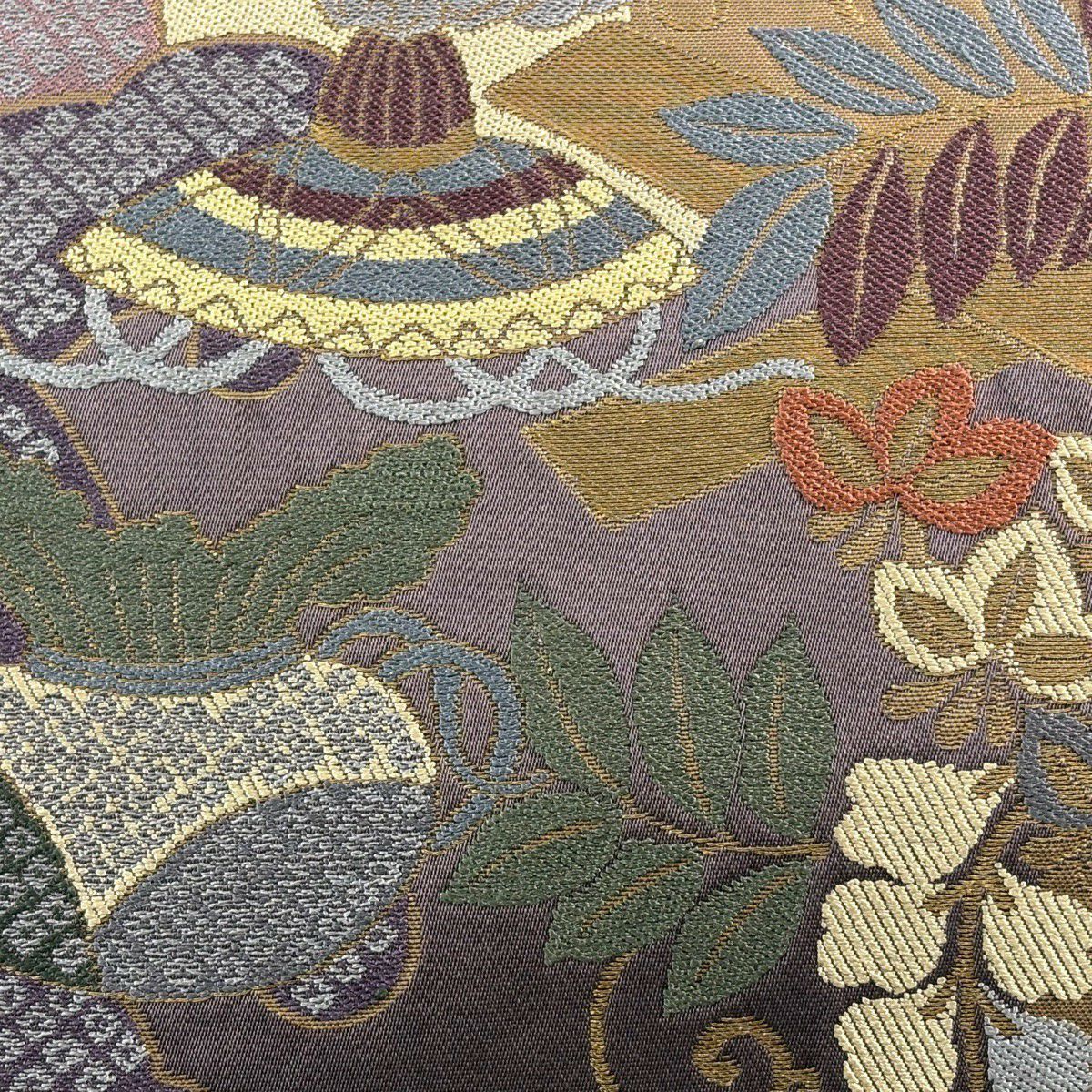 【美品】 袋帶 名品級 寶盡くし 草花紋紋 金金箔 紫 六通 純蠶絲