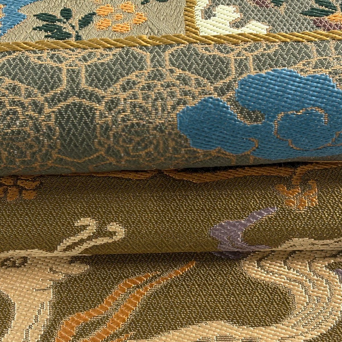 【美品】 袋帶 名品級 動物 草花紋 金金箔 茶綠 六通 純蠶絲