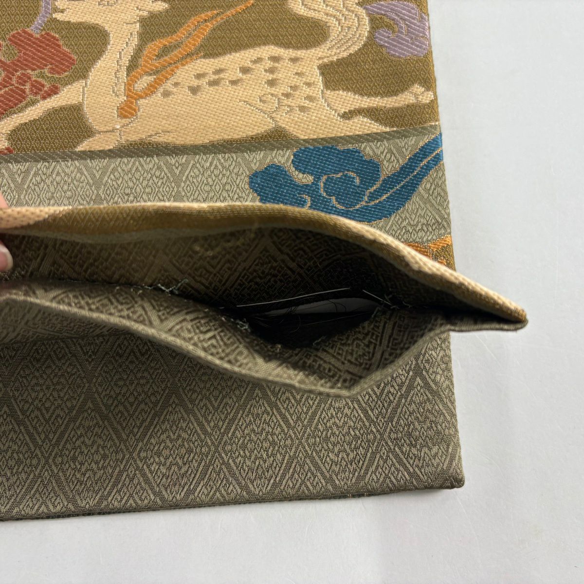 【美品】 袋帶 名品級 動物 草花紋 金金箔 茶綠 六通 純蠶絲