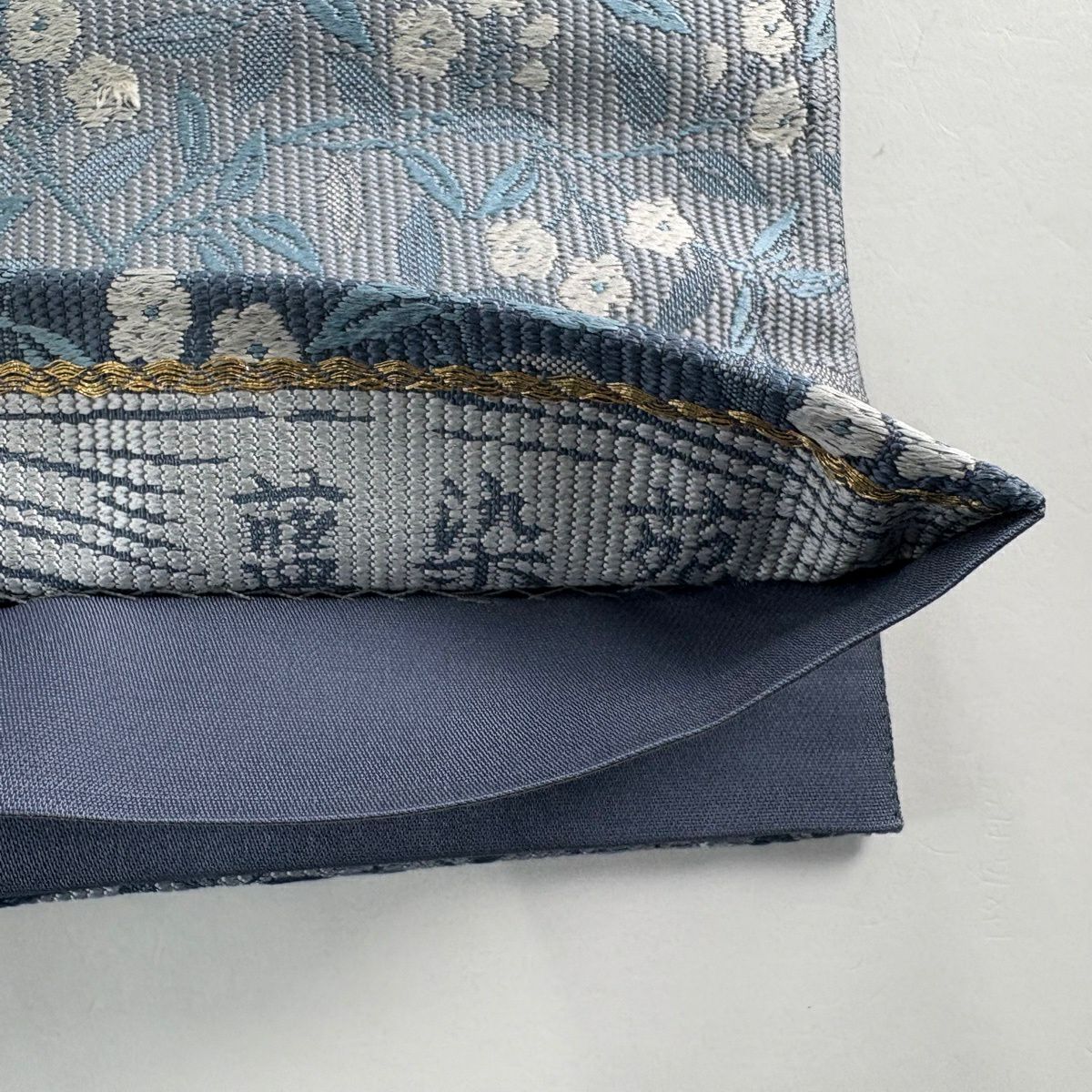 【美品】 袋帶 名品級 草花紋紋 縞紋 青灰 六通 純蠶絲