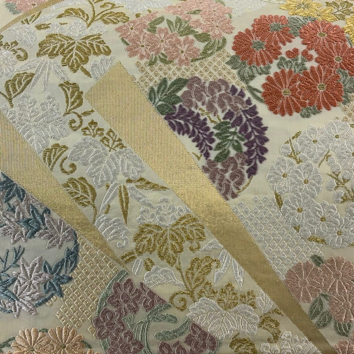 袋帶 名品級 吉祥裂取花紋 花丸紋 桐竹子 唐織 金絲 奶油 六通 純蠶絲
