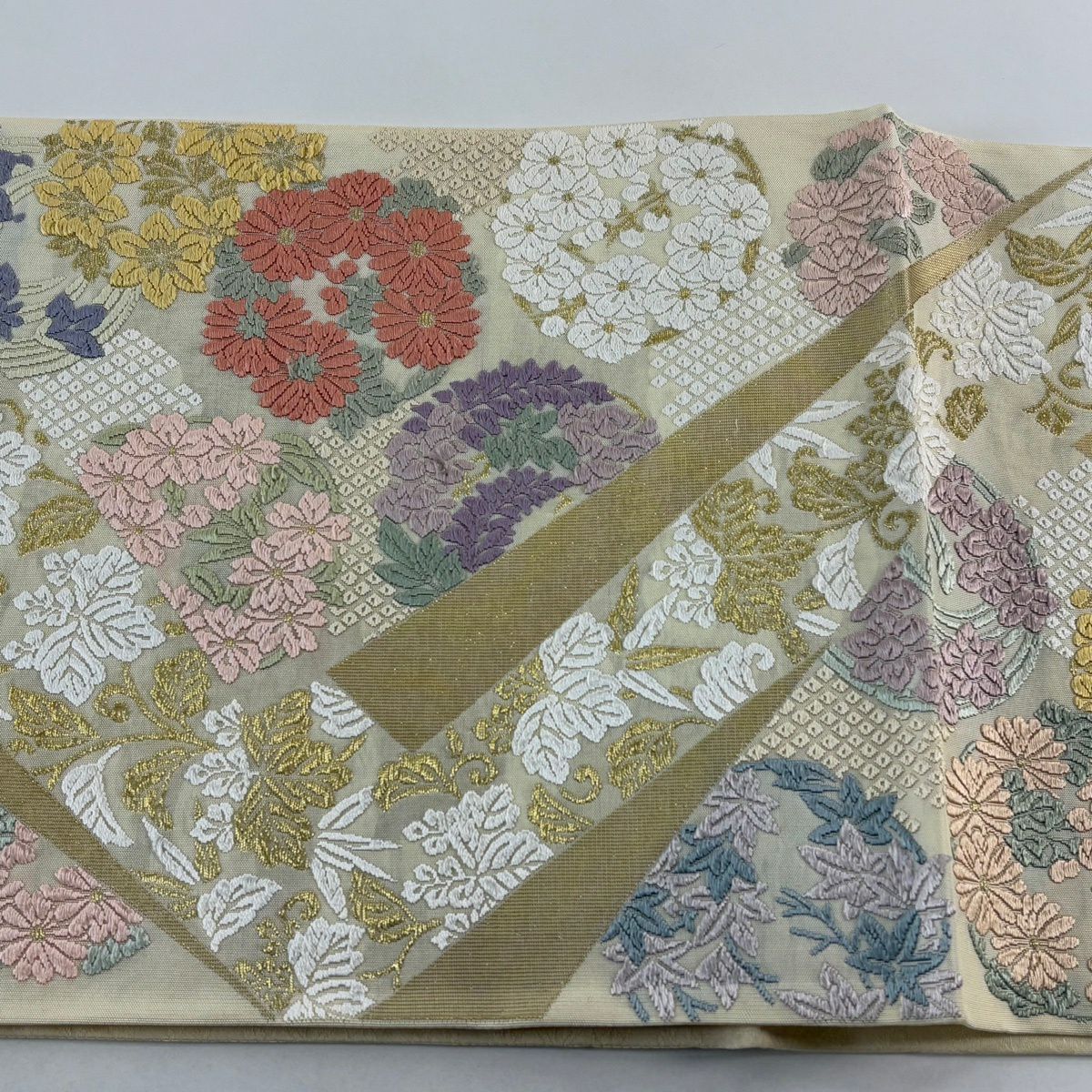 袋帶 名品級 吉祥裂取花紋 花丸紋 桐竹子 唐織 金絲 奶油 六通 純蠶絲