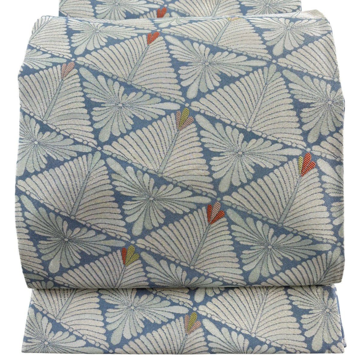 【美品】 袋帶 名品級 若松樹 花 金銀彩 青灰 全通 純蠶絲