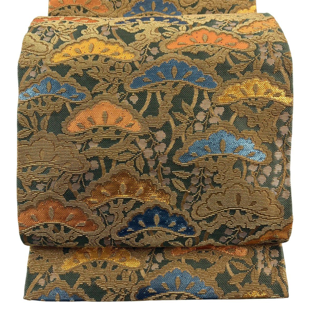 【美品】 袋帶 名品級 花井幸子 落款あり 笠松樹 金銀彩 金金箔 灰綠 六通 純蠶絲