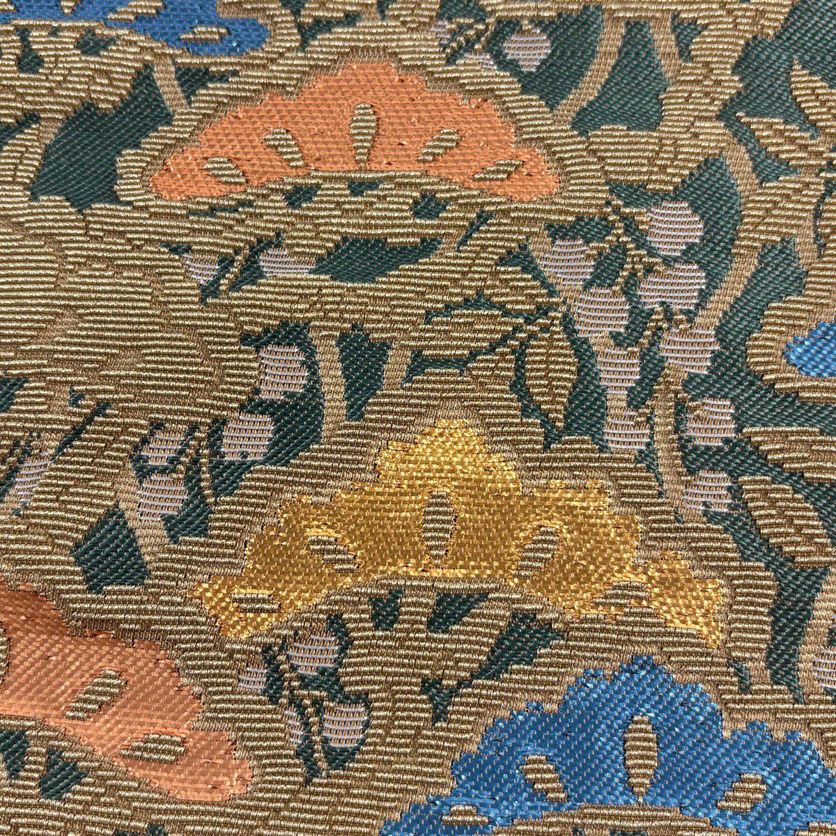 【美品】 袋帶 名品級 花井幸子 落款あり 笠松樹 金銀彩 金金箔 灰綠 六通 純蠶絲