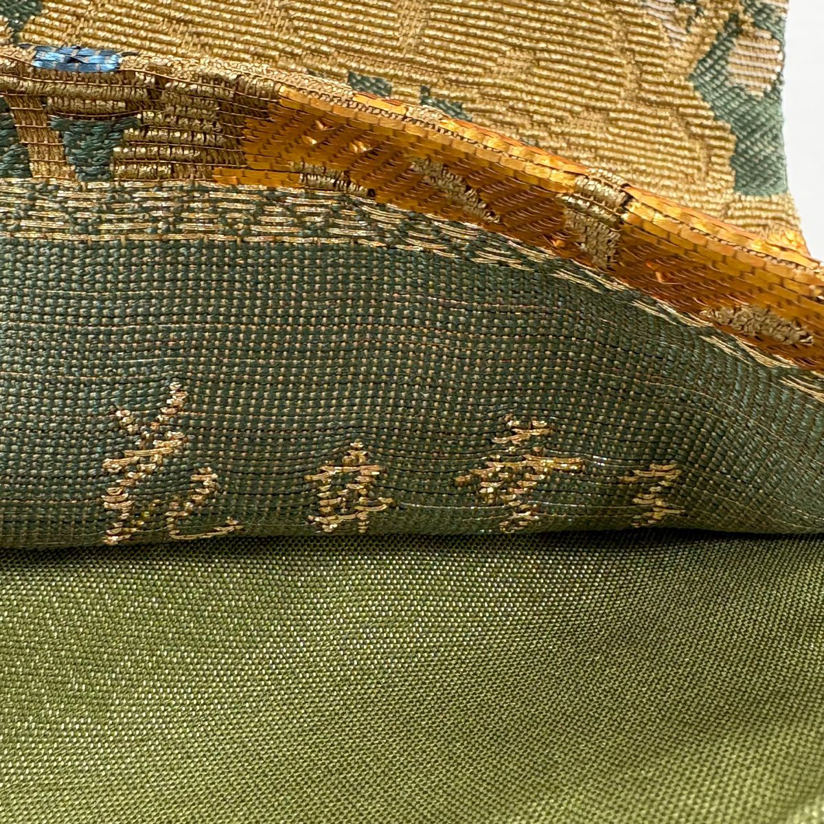 【美品】 袋帶 名品級 花井幸子 落款あり 笠松樹 金銀彩 金金箔 灰綠 六通 純蠶絲