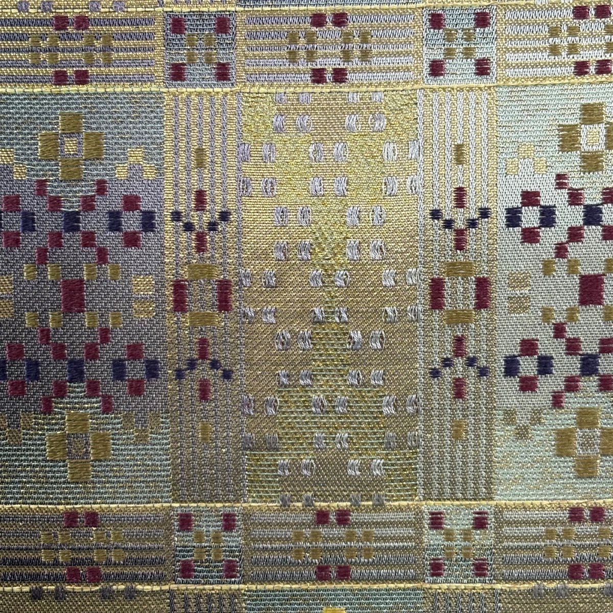 【美品】 袋帶 名品級 雙面 格子 幾何圖案 金絲 金金箔 灰紫 全通 純蠶絲