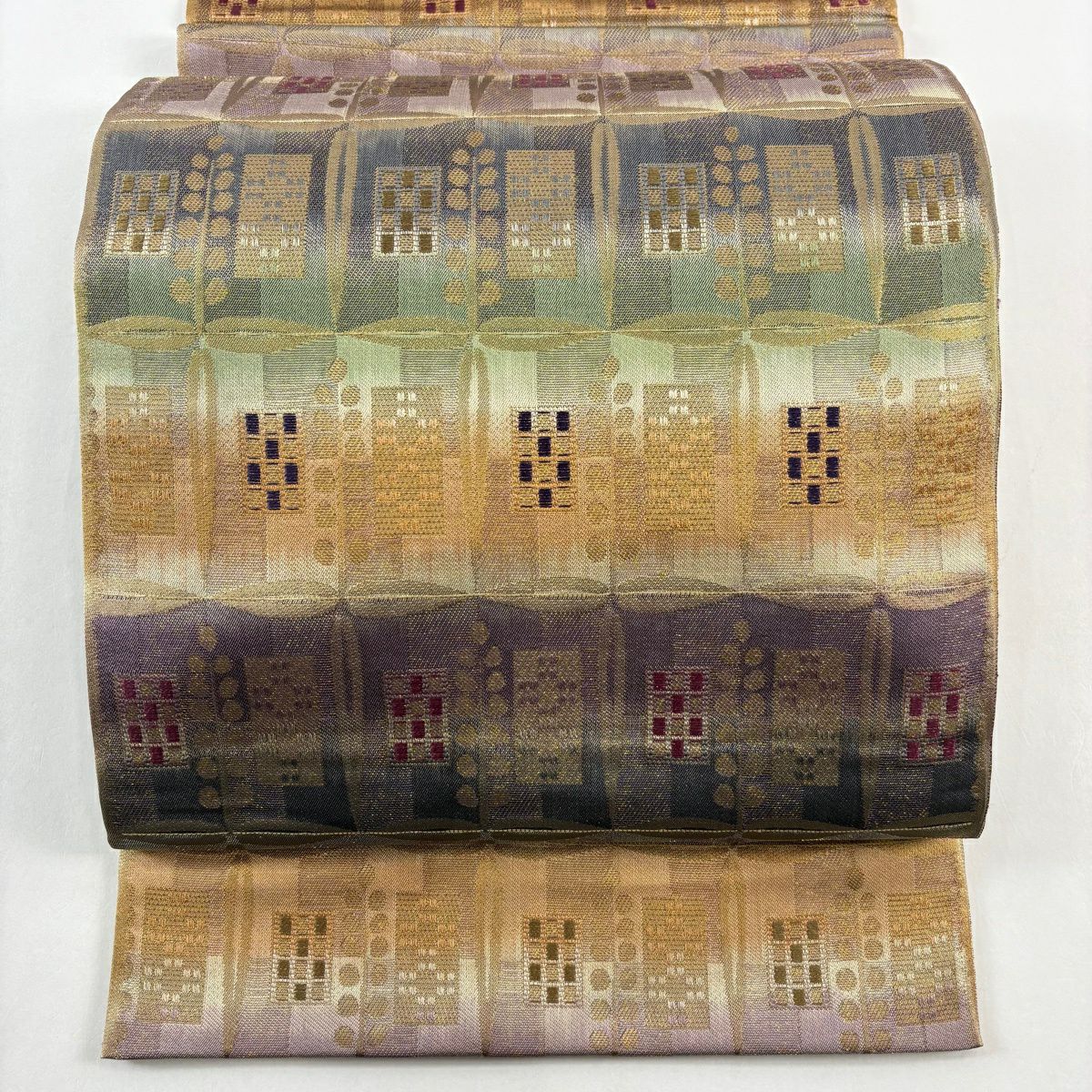【美品】 袋帶 名品級 雙面 格子 幾何圖案 金絲 金金箔 灰紫 全通 純蠶絲