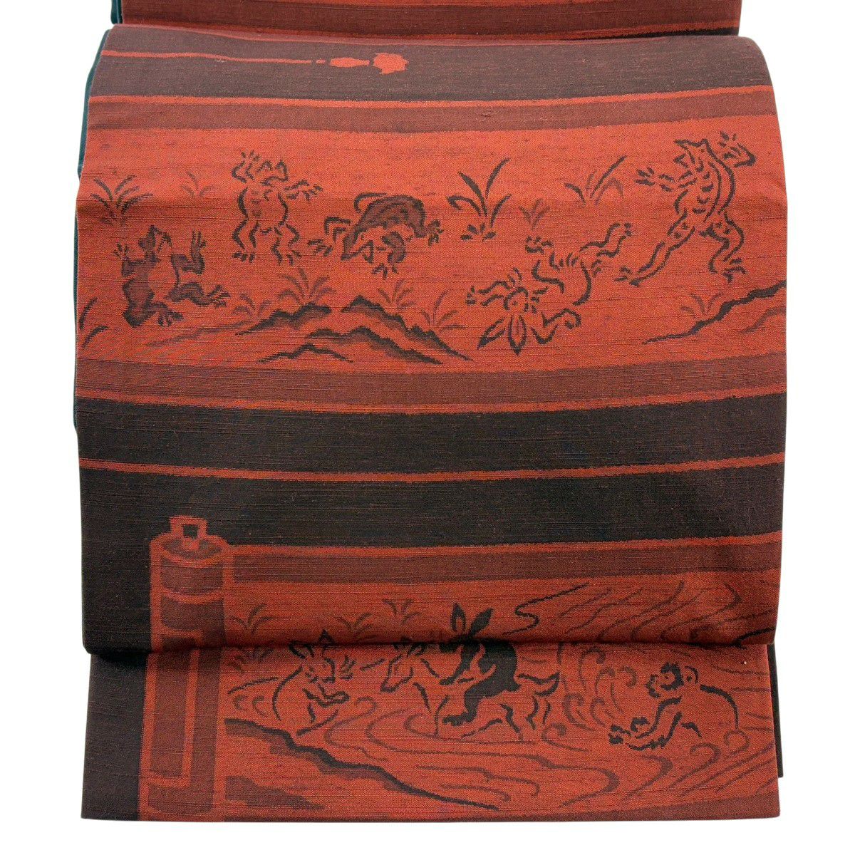 【美品】 袋帶 名品級 紬織織 鳥獸戲畫 紅茶 全通 純蠶絲