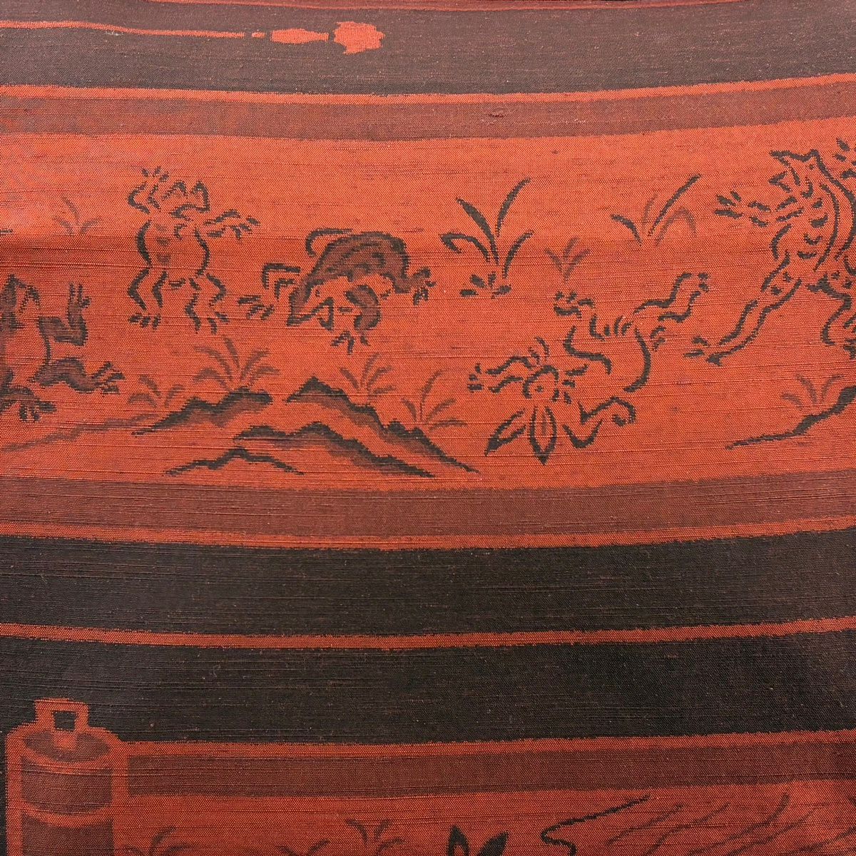 【美品】 袋帶 名品級 紬織織 鳥獸戲畫 紅茶 全通 純蠶絲