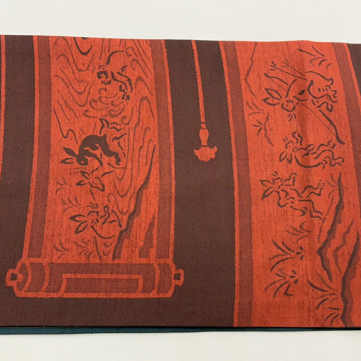 【美品】 袋帶 名品級 紬織織 鳥獸戲畫 紅茶 全通 純蠶絲