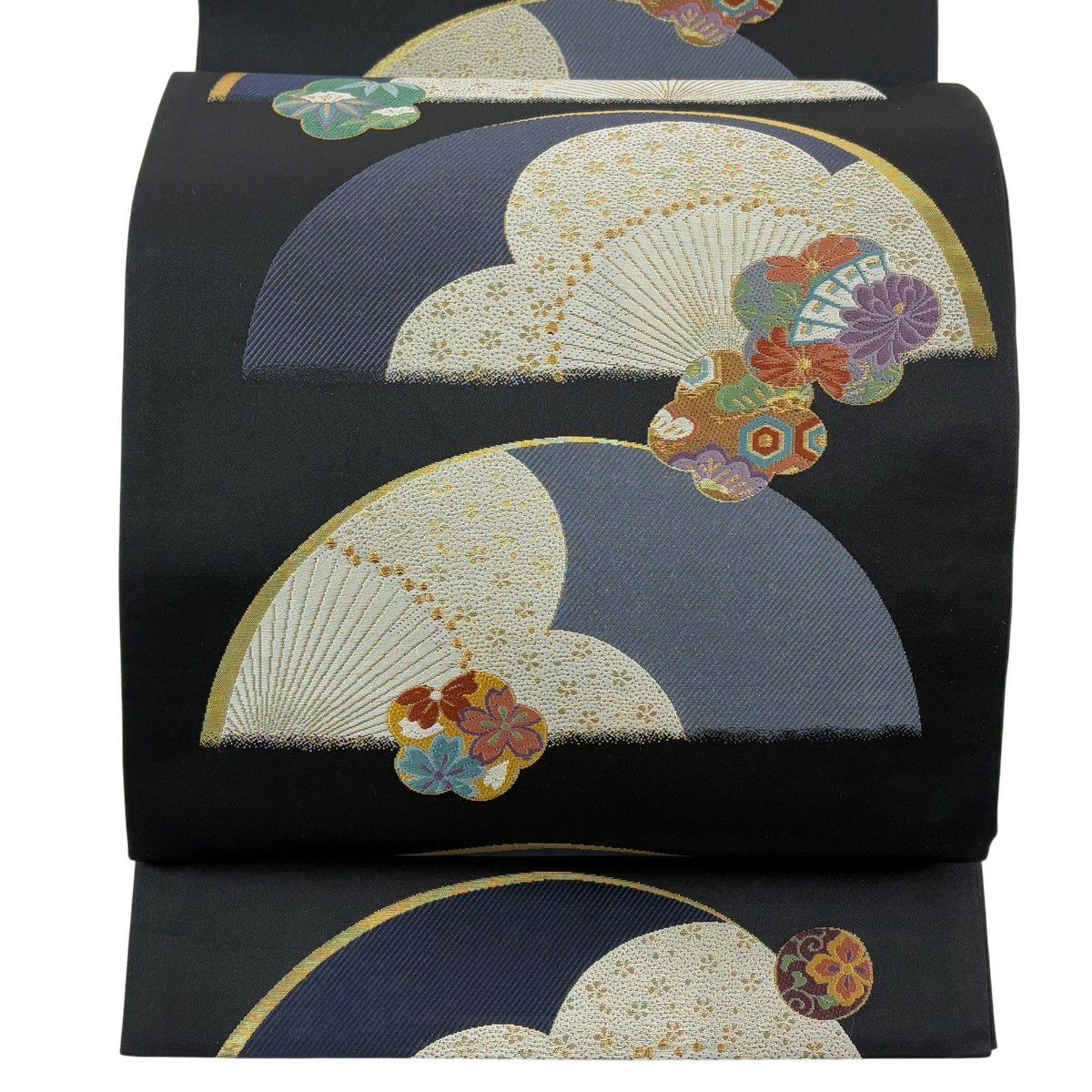 【美品】 袋帶 名品級 松樹竹子梅花 櫻花 刺繡 金金箔 黑 六通 純蠶絲