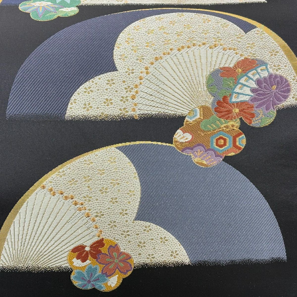 【美品】 袋帶 名品級 松樹竹子梅花 櫻花 刺繡 金金箔 黑 六通 純蠶絲