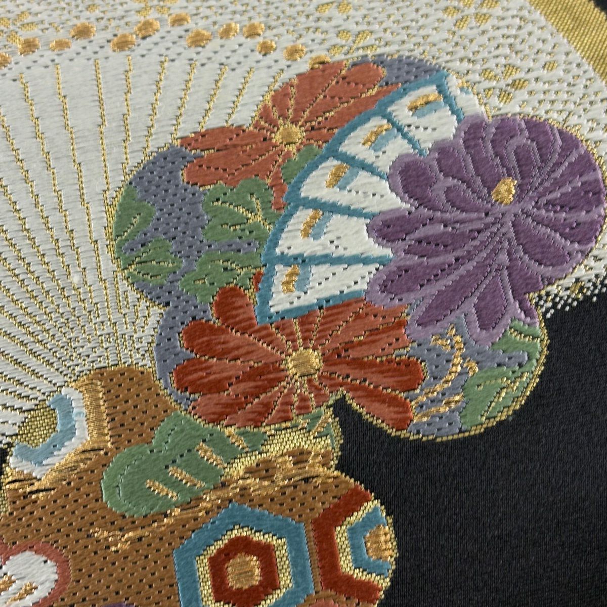 【美品】 袋帶 名品級 松樹竹子梅花 櫻花 刺繡 金金箔 黑 六通 純蠶絲