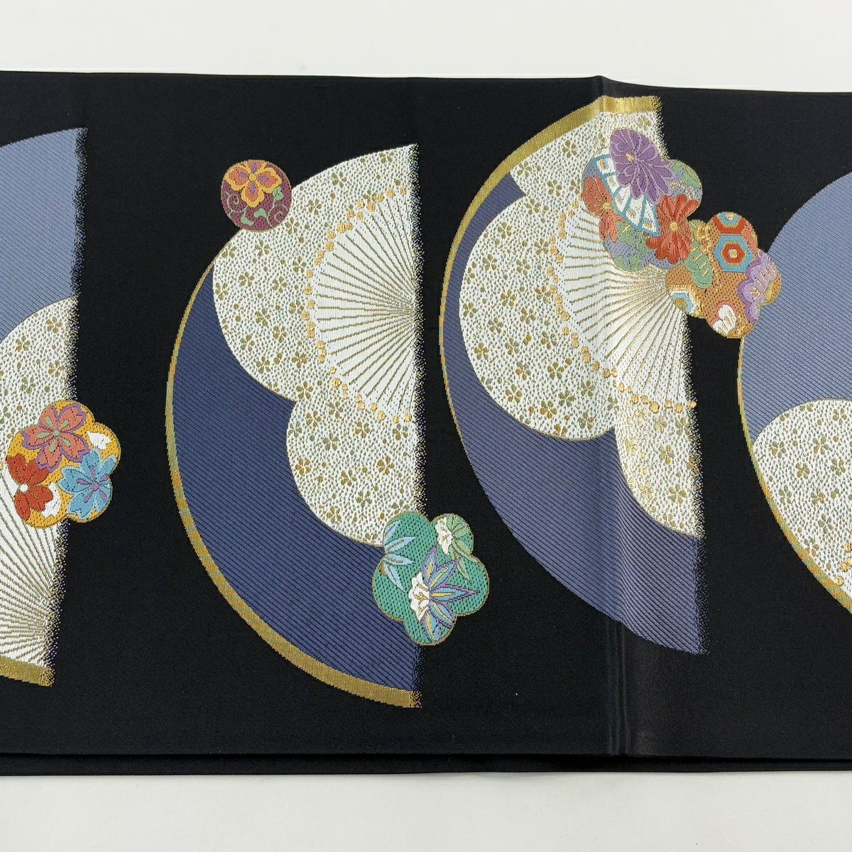 【美品】 袋帶 名品級 松樹竹子梅花 櫻花 刺繡 金金箔 黑 六通 純蠶絲
