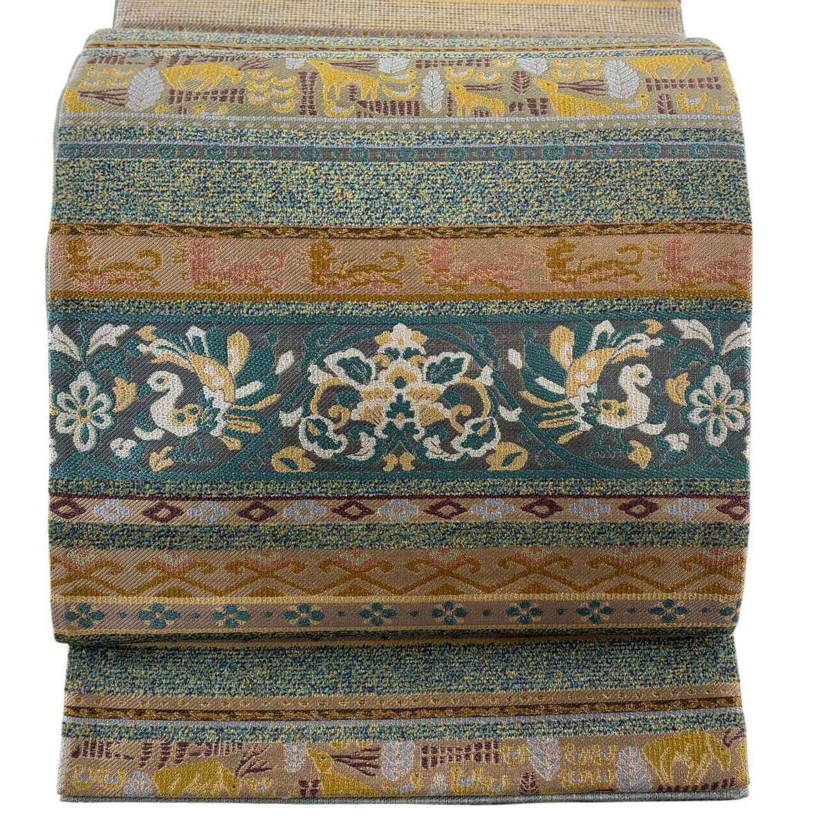 【美品】 袋帶 名品級 花唐草紋 鳥 金金箔 金絲 灰色 六通 純蠶絲