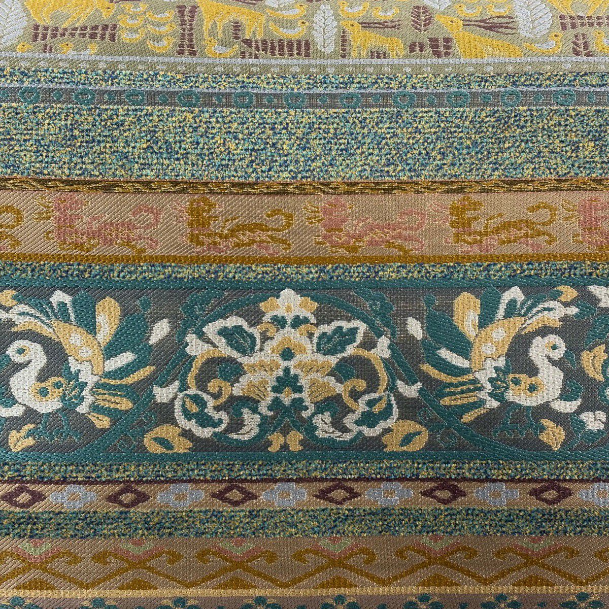 【美品】 袋帶 名品級 花唐草紋 鳥 金金箔 金絲 灰色 六通 純蠶絲