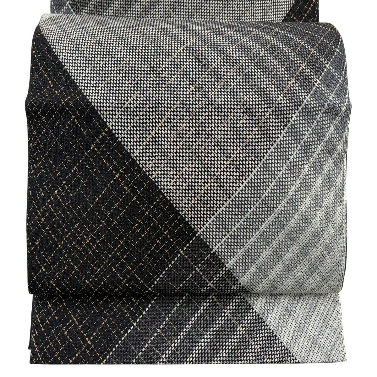 【美品】 袋帶 名品級 斜格 墨色 全通 純蠶絲