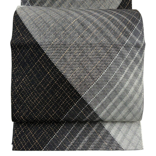 【美品】 袋帶 名品級 斜格 墨色 全通 純蠶絲