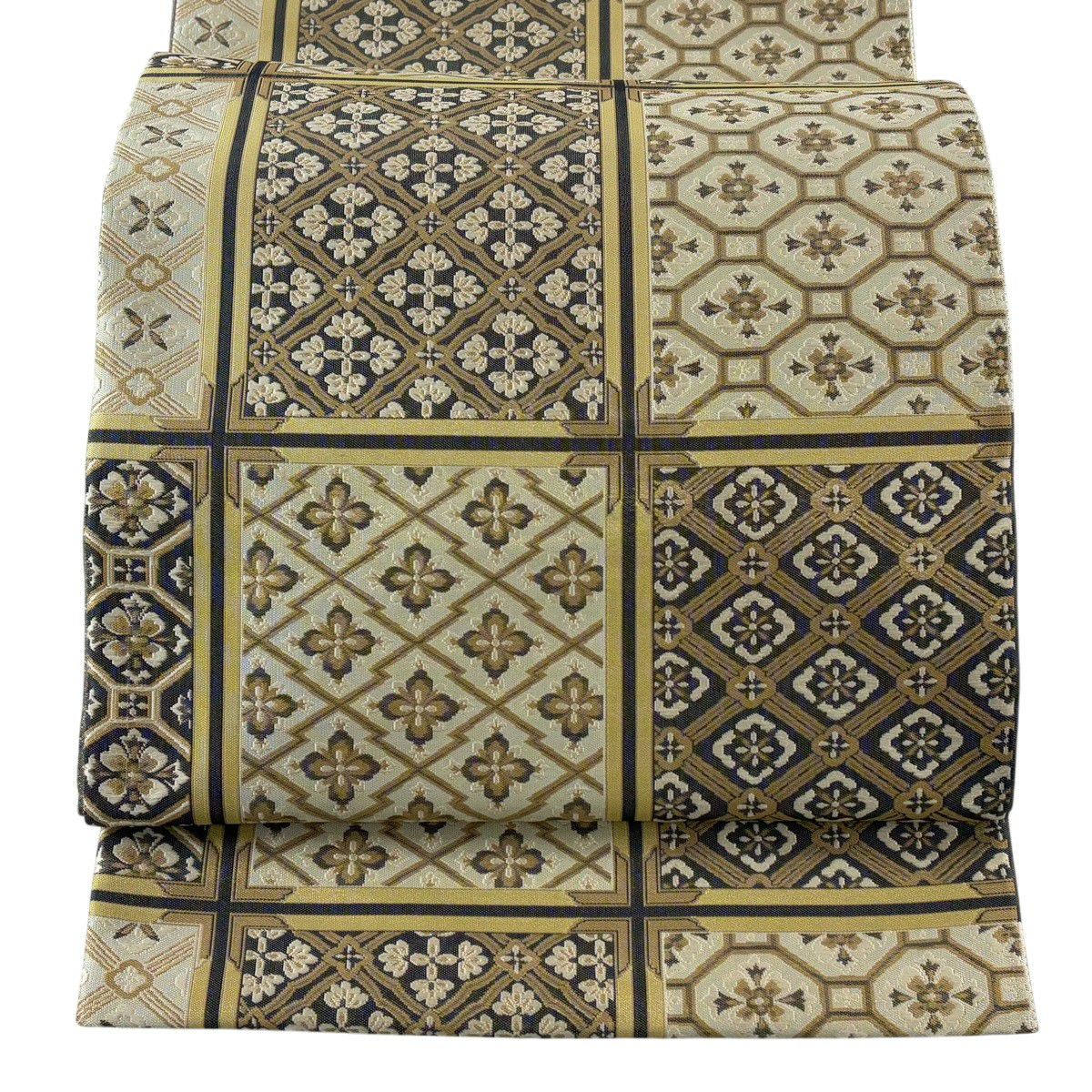 【美品】 袋帶 名品級 松樹皮菱 蜀江文 金絲 淡黃土色 六通 純蠶絲