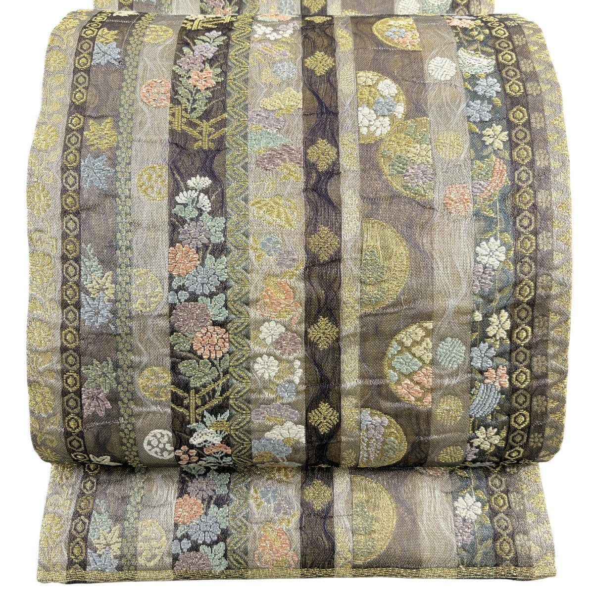 【美品】 袋帶 名品級 献上垣根文 草花紋紋 縞 金絲 金金箔 淺黃土色 六通 純蠶絲