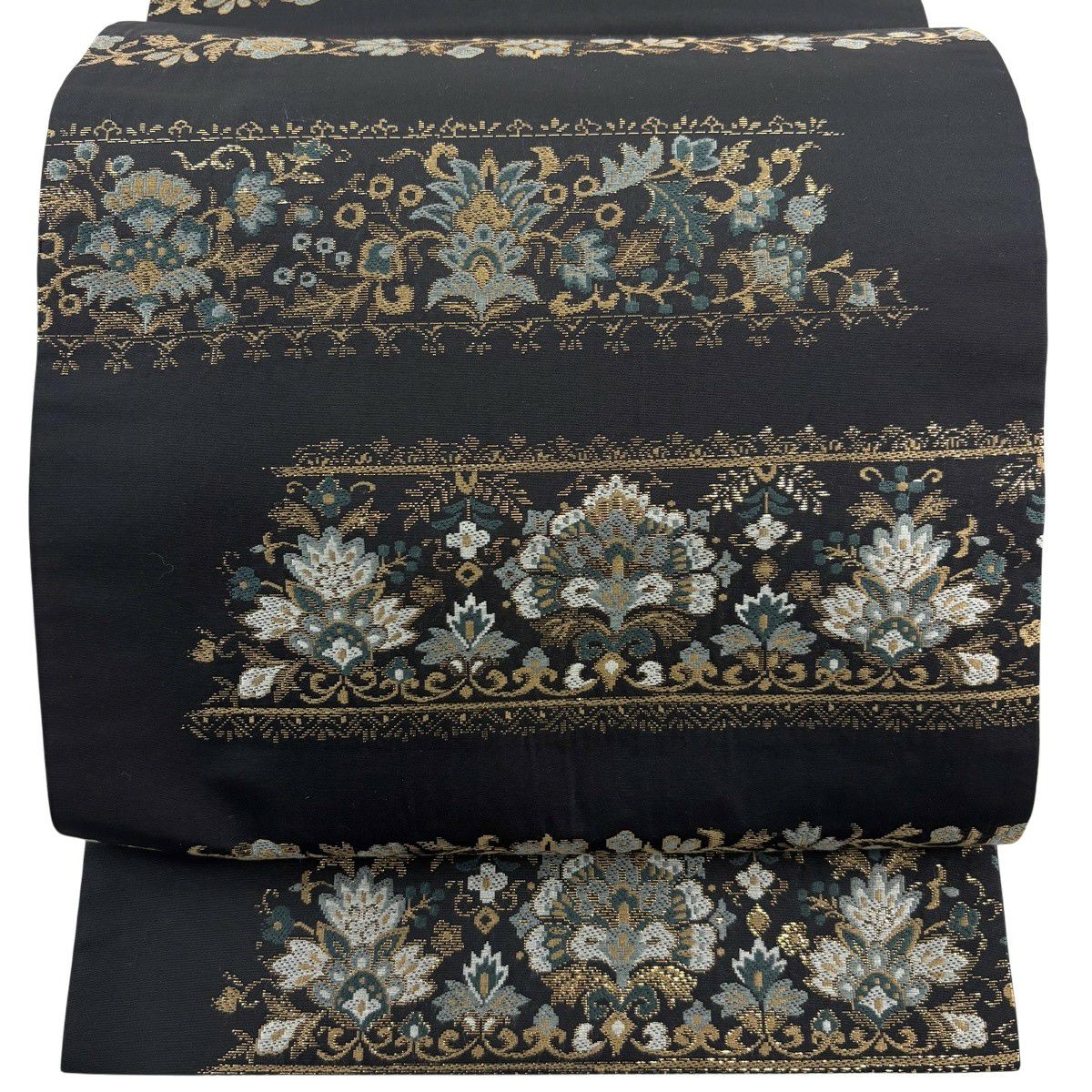 【美品】 袋帶 名品級 草花紋紋 霞 金金箔 黑 六通 純蠶絲