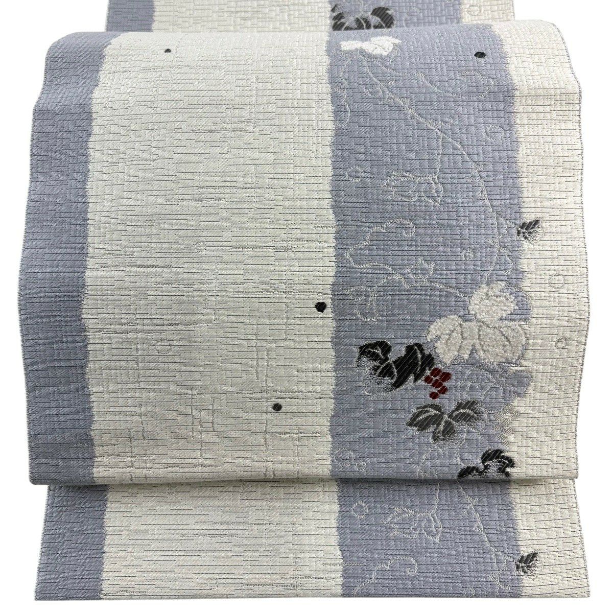 【美品】 名古屋帶 名品級 八寸名古屋帶 松樹葉仕立 葡萄 幾何學 金金箔 莫爾織 灰白 純蠶絲