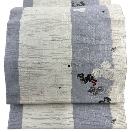 【美品】 名古屋帶 名品級 八寸名古屋帶 松樹葉仕立 葡萄 幾何學 金金箔 莫爾織 灰白 純蠶絲