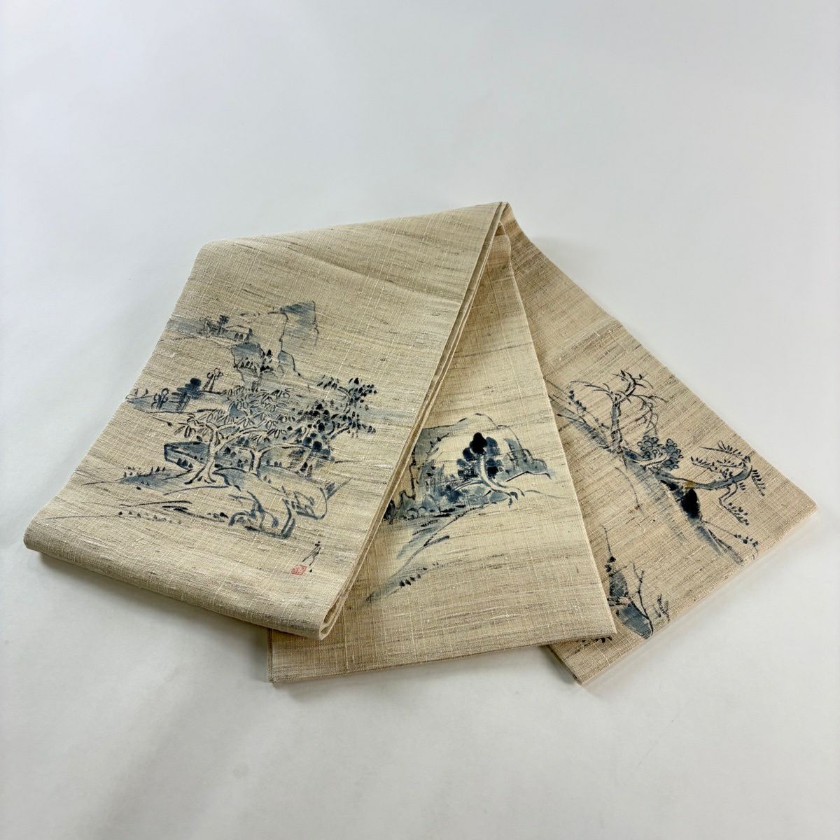 袋帶 名品級 落款 紬織織 風景 樹木 米色 大鼓圖案 純蠶絲
