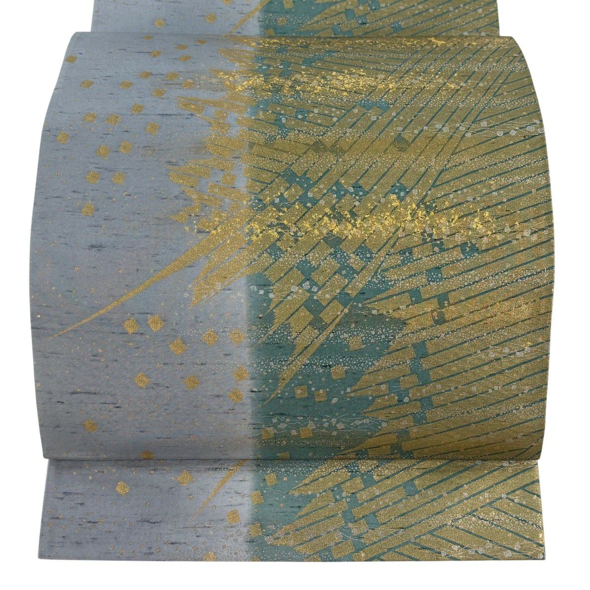 【美品】 袋帶 逸品級 落款あり 牛首紬織織地 金金箔散佈圖案 霞 金銀彩 青灰 深藍色 全通 純蠶絲