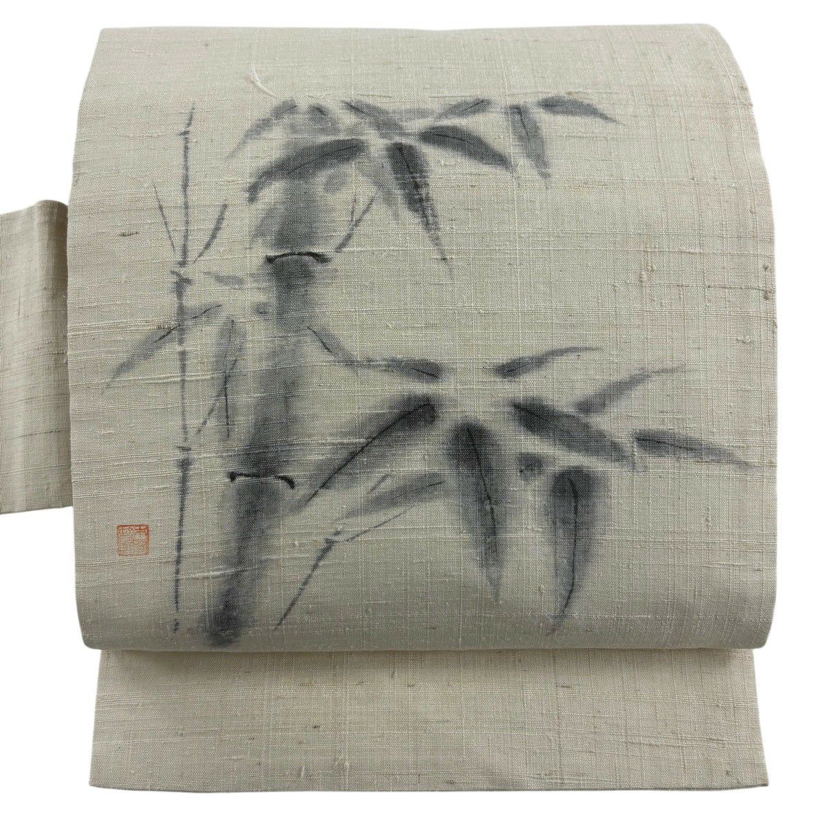【美品】名古屋帶 秀品級 附落款 紬織織 竹子子 竹子葉 米色 純蠶絲