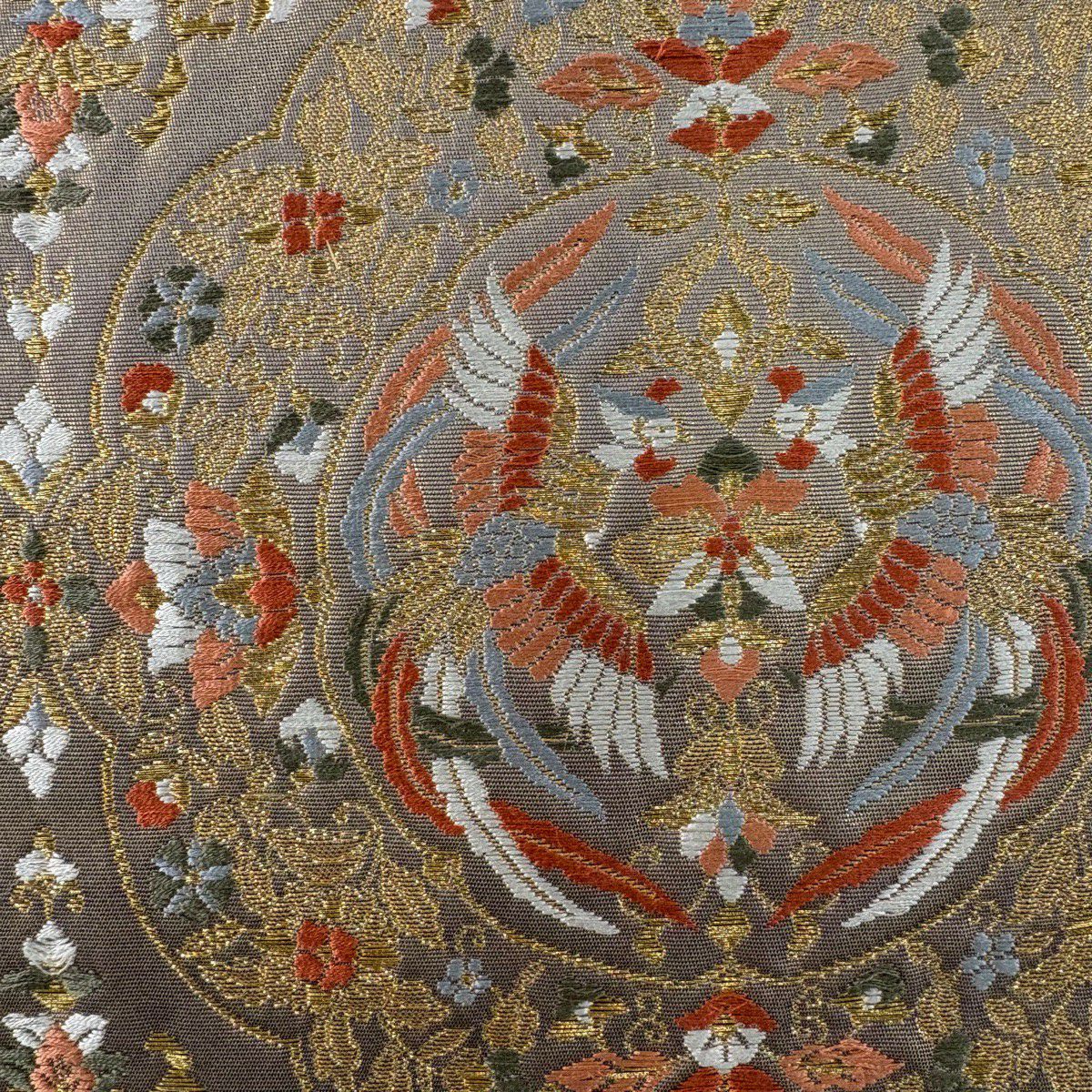 袋帶 秀品級 向鳥 草花紋紋 金絲 金金箔 金色 六通 純蠶絲