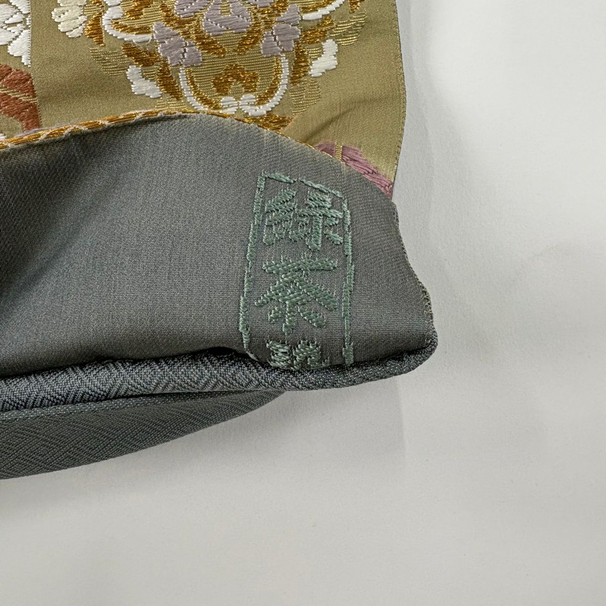 袋帶 秀品級 綠茶染 華紋 龜甲 唐織 金絲 淺茶 六通 純蠶絲