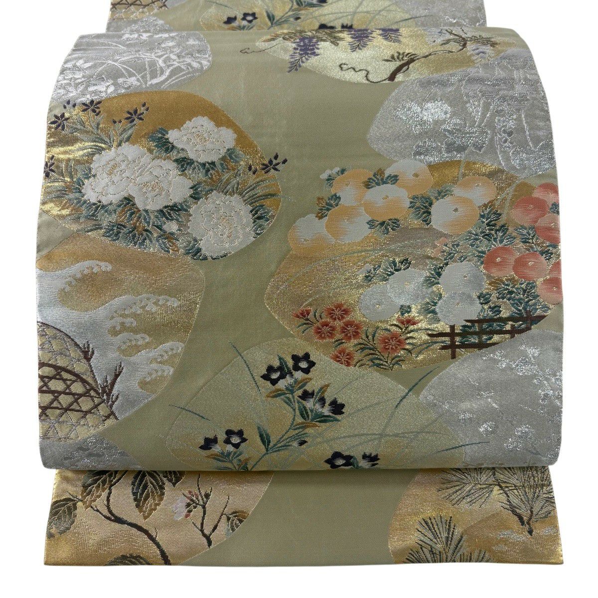 袋帶 秀品級 琳派 日本的美 紹巴織 貝合草花紋 金銀彩 金金箔 抹茶 深藍 正蠶絲